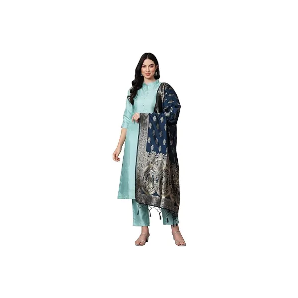 VredeVogel Women's Cotton Silk Blend Straight Kurta with Trouser Pant & Banarasi Silk Dupatta