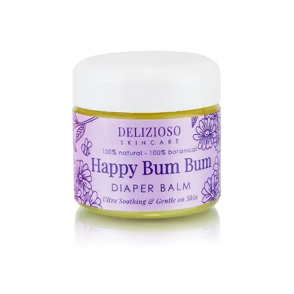 Happy Bum Bum Diaper Baby Balm - 100% Natural - Calendula, Chamomile, Lavender Herbal Infused Moisturizer for Eczema, Dry Skin - Cruelty Free, Salve, With Organics, Handmade, Delizioso Skincare - 2 oz